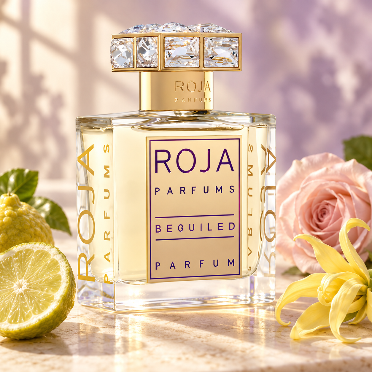 Roja Beguiled beside bergamot, a blush rose, and yellow ylang-ylang on sunlit ivory stone.