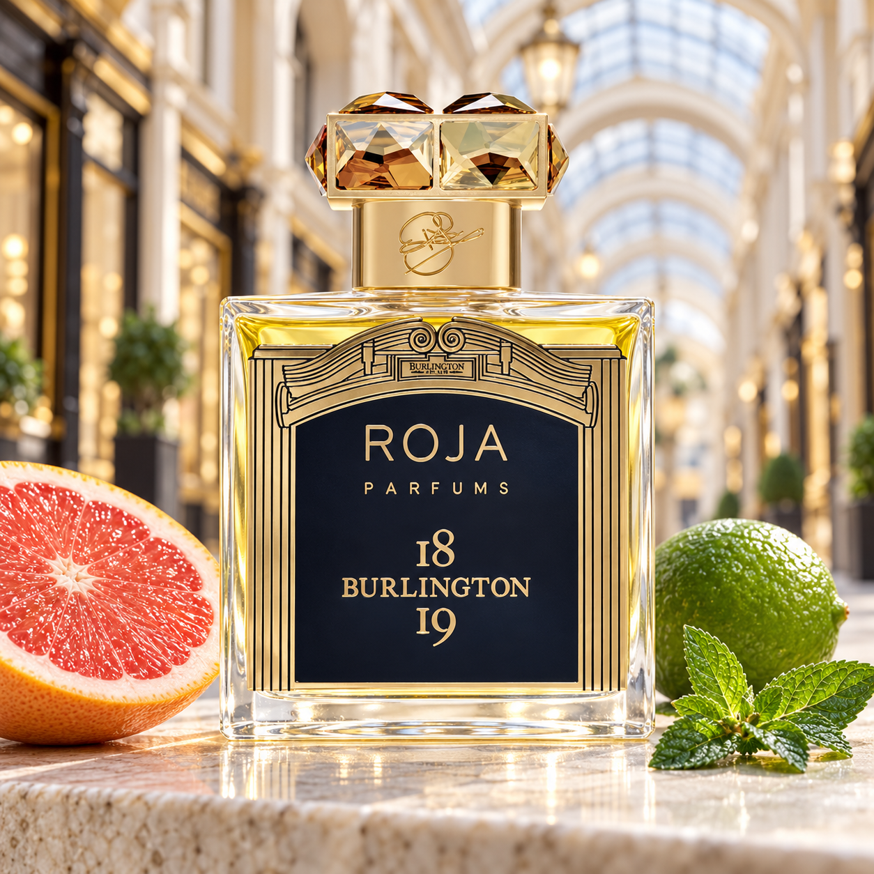 Alt text: Roja Burlington 1819 with pink grapefruit, lime, and mint in a sunlit shopping arcade.