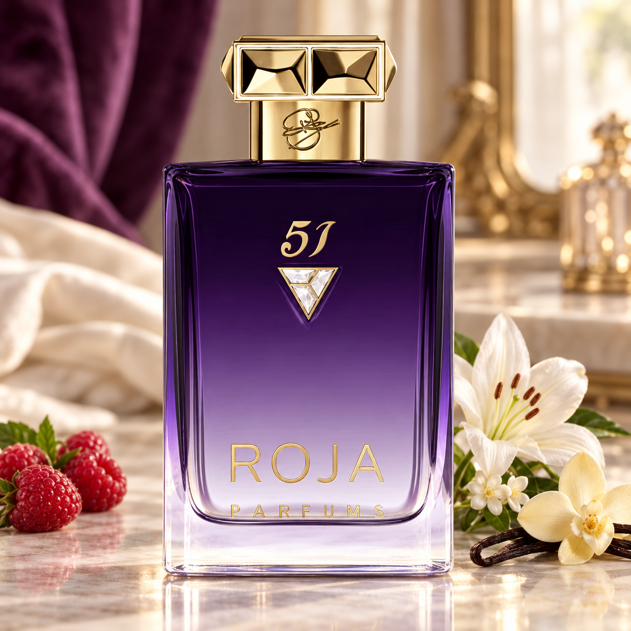 Purple Roja 51 bottle on a marble vanity with raspberries, white lilies, jasmine, and a vanilla orchid in warm light.