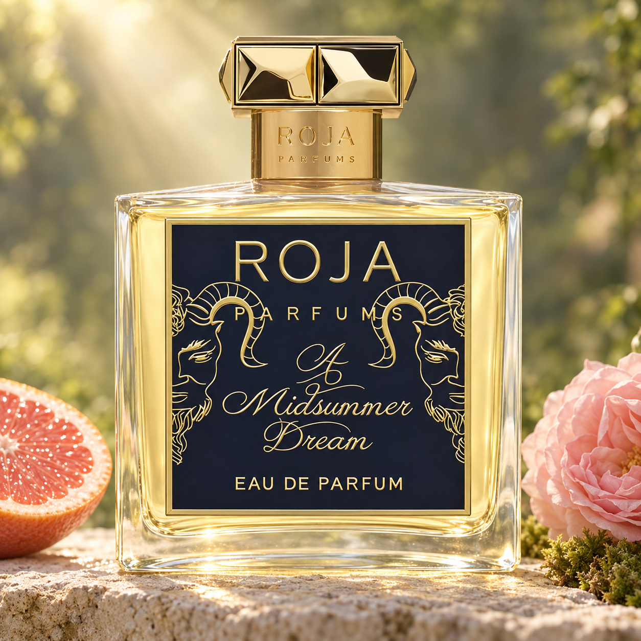 Roja A Midsummer Dream bottle beside pink grapefruit, a blush rose, and moss against a softly blurred, sunlit woodland.