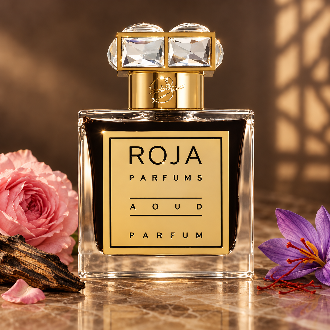 Roja Aoud Parfum’s dark-liquid bottle beside a pink rose, saffron crocus, and oud wood on marble in warm golden light.