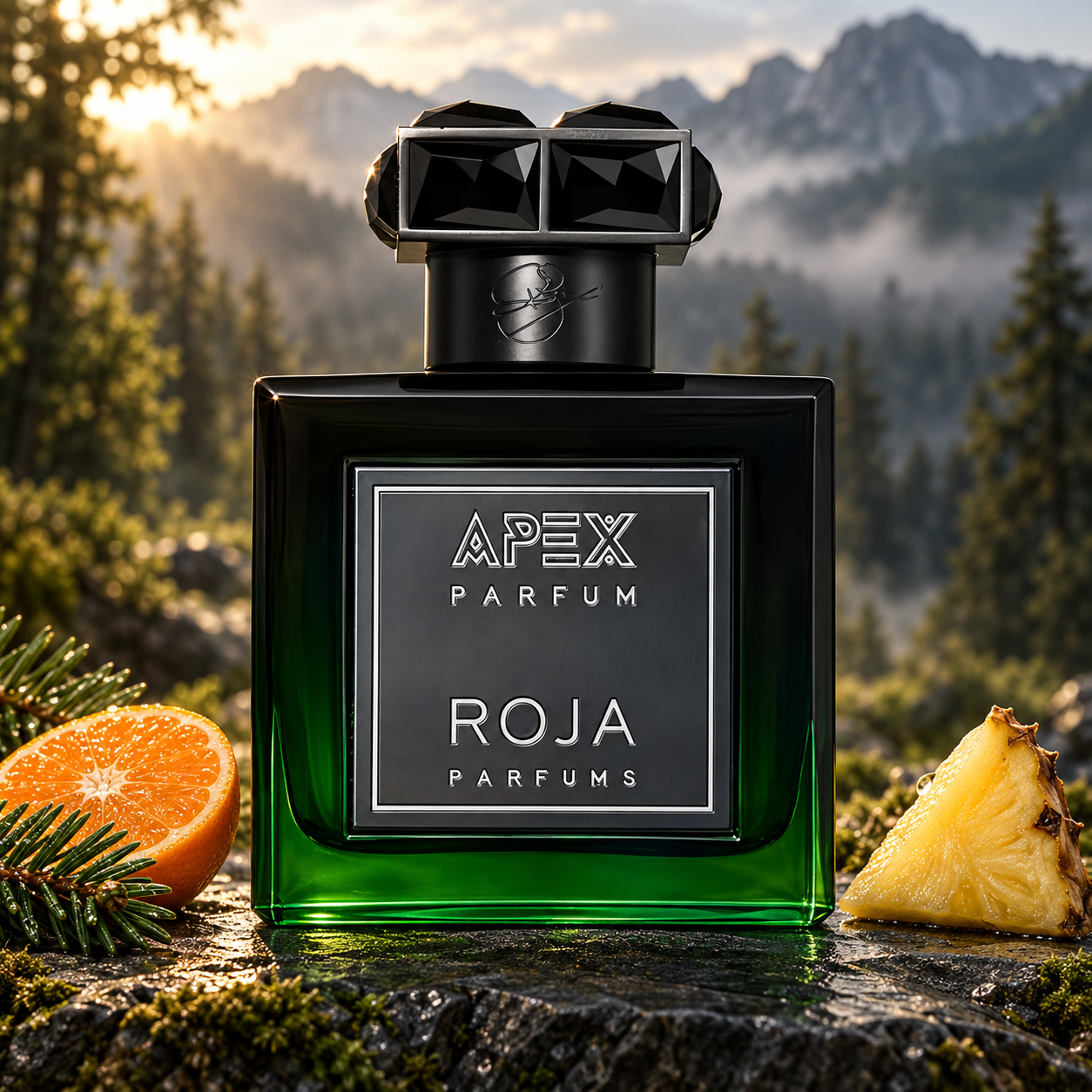 Roja Apex Parfum beside mandarin, pineapple, and fir branches on mossy slate, with misty mountain woodland behind it.