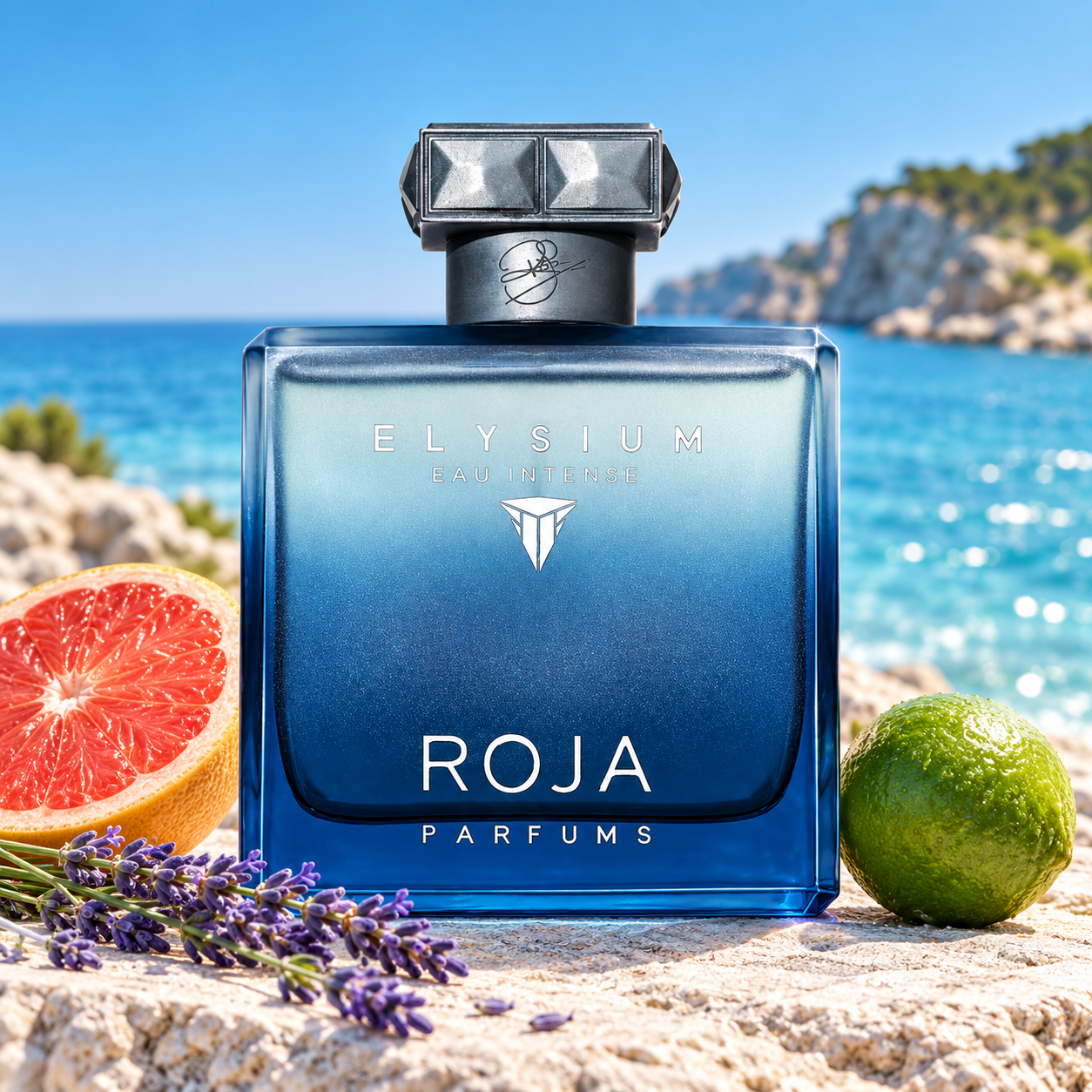 Roja Elysium Eau Intense perfume with a grapefruit half, whole lime and lavender on pale stone beside a blue sea.