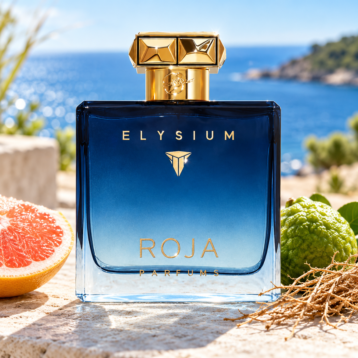 Roja Elysium Pour Homme Parfum Cologne with a grapefruit half, whole bergamot and vetiver roots on a sunlit seaside terrace.