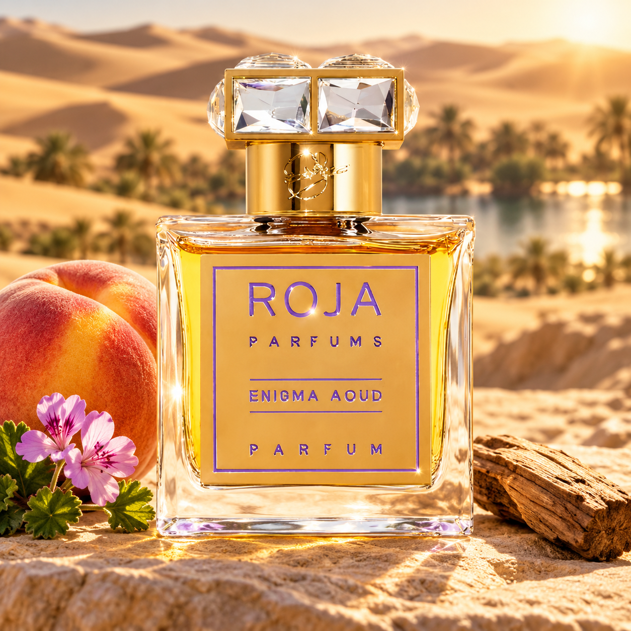 Roja Parfums Enigma Aoud bottle beside a peach, geranium flowers and wood on sandstone above a sunlit desert oasis.