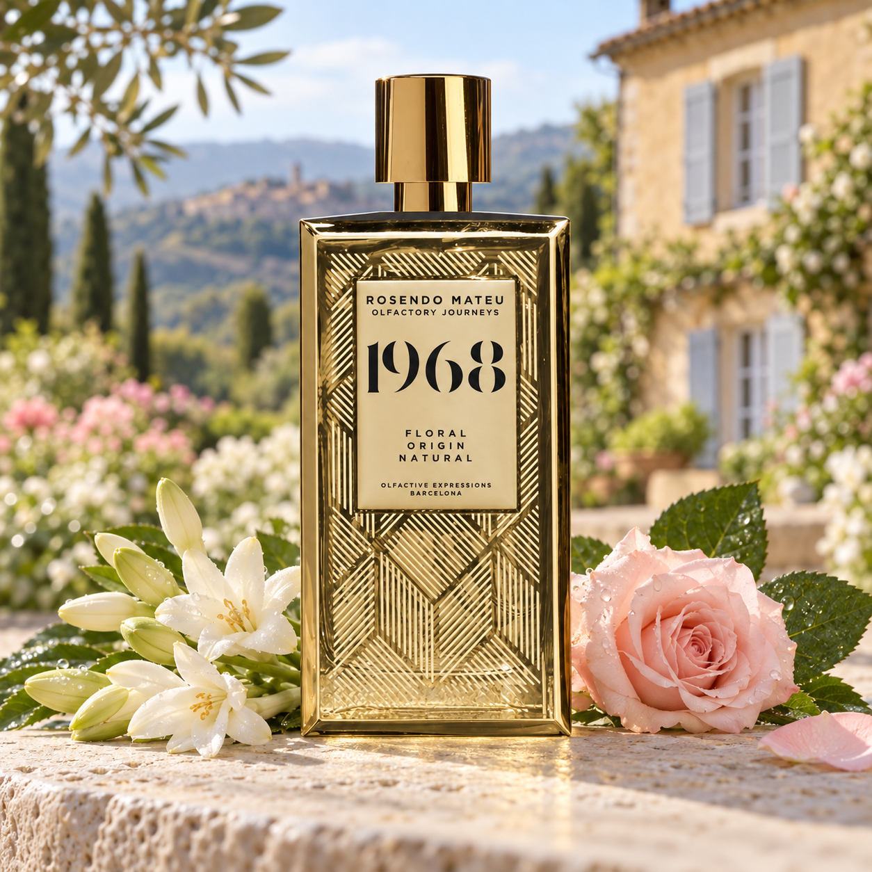 Rosendo Mateu 1968 gold bottle with white tuberose, a pink rose, and dewy leaves in a sunlit Grasse-inspired garden.