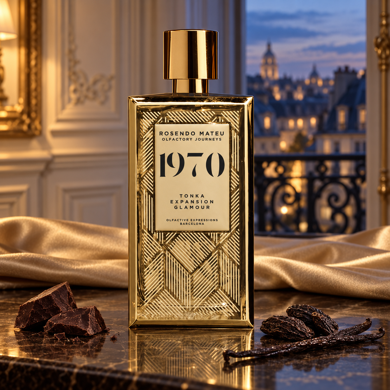 Rosendo Mateu 1970 gold bottle with dark chocolate, tonka beans, and vanilla pods in a Parisian-inspired salon at dusk.