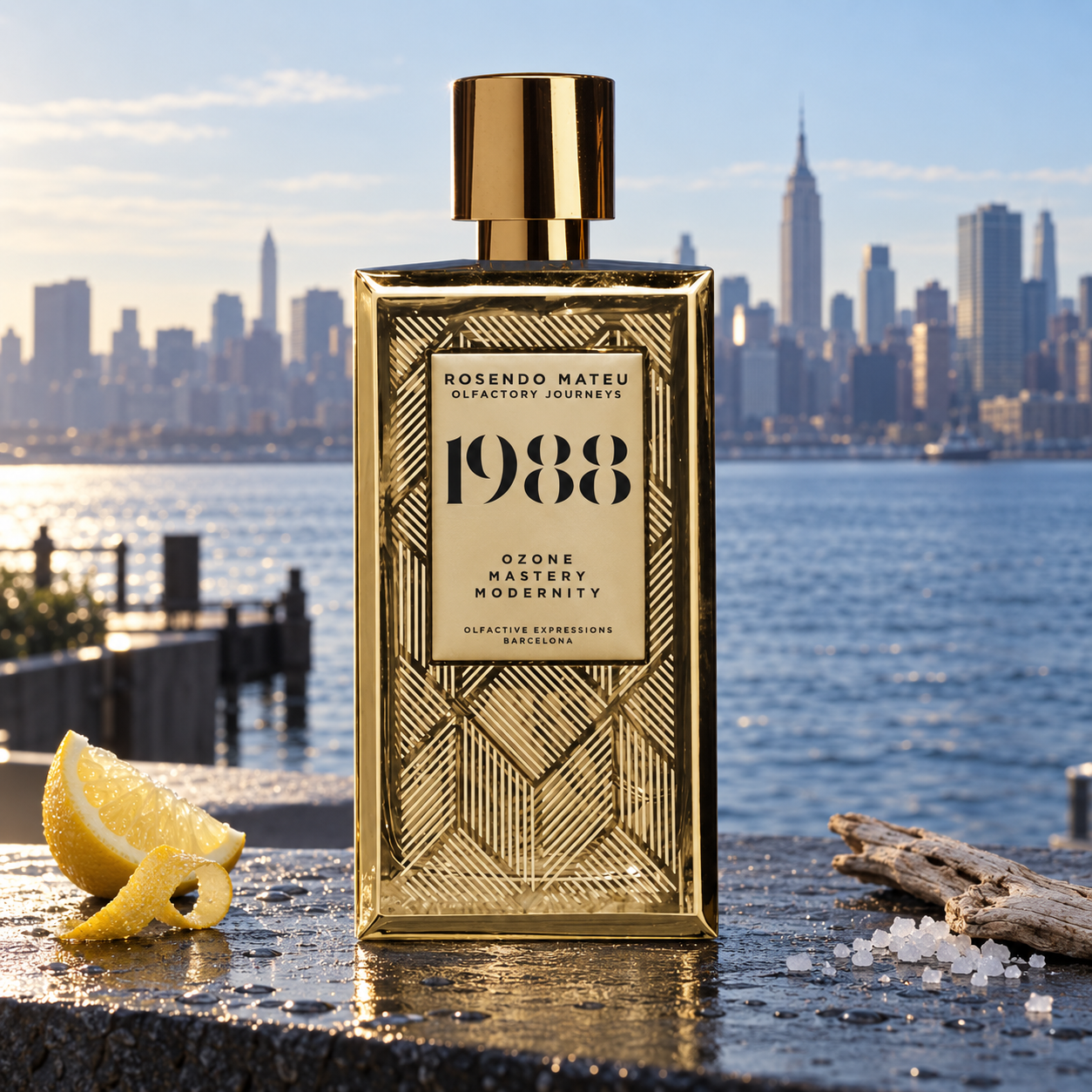 Rosendo Mateu 1988 gold bottle with lemon, sea salt, and driftwood overlooking the Manhattan waterfront in soft morning light.