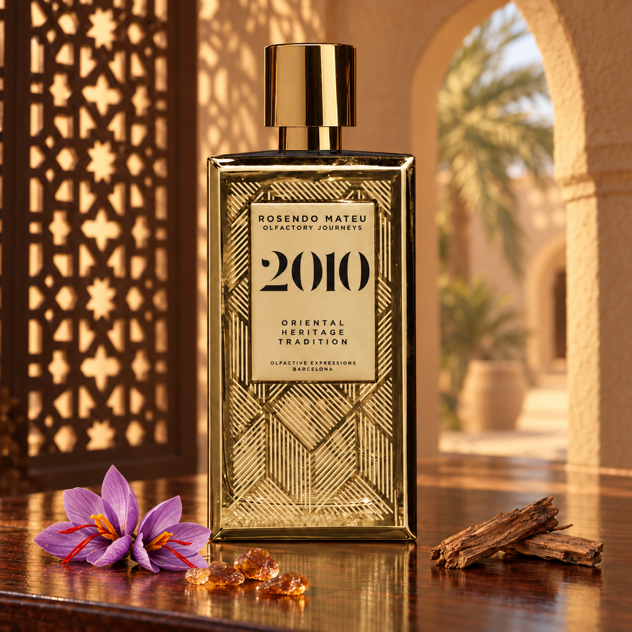 Rosendo Mateu 2010 gold bottle with saffron, resin, and cedarwood in a warmly lit Emirati-inspired courtyard.