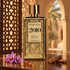 Rosendo Mateu 2010 gold bottle with saffron, resin, and cedarwood in a warmly lit Emirati-inspired courtyard.