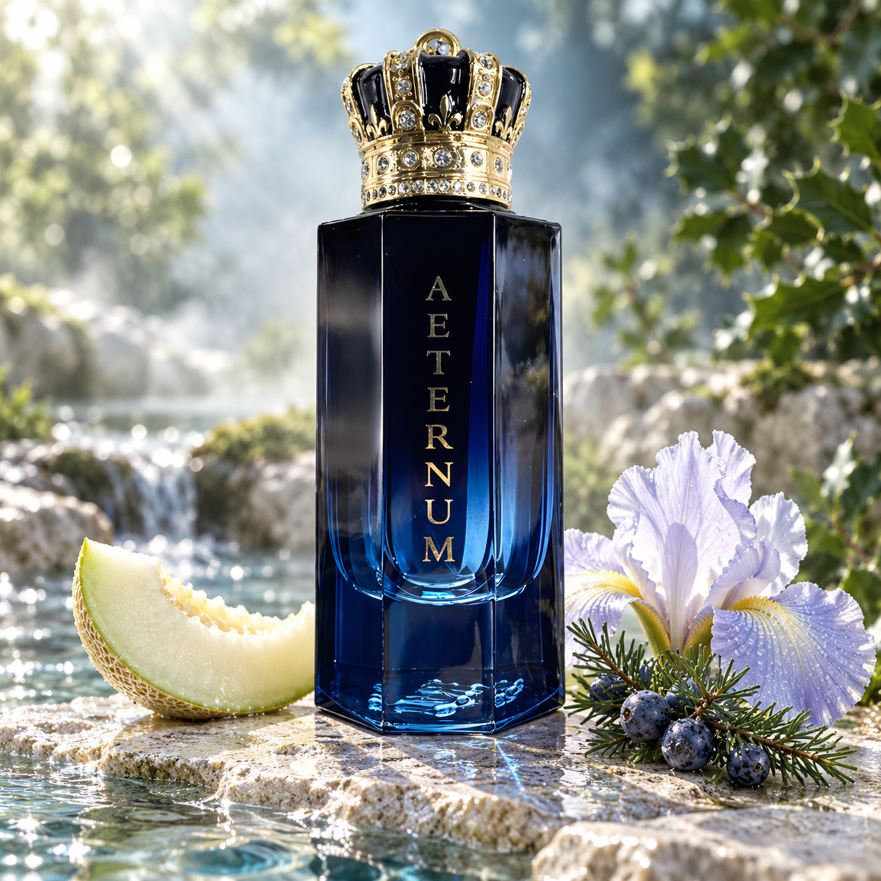 Royal Crown Aeternum beside white melon, pale iris, and juniper berries on stone surrounded by clear flowing water and soft sunlight.