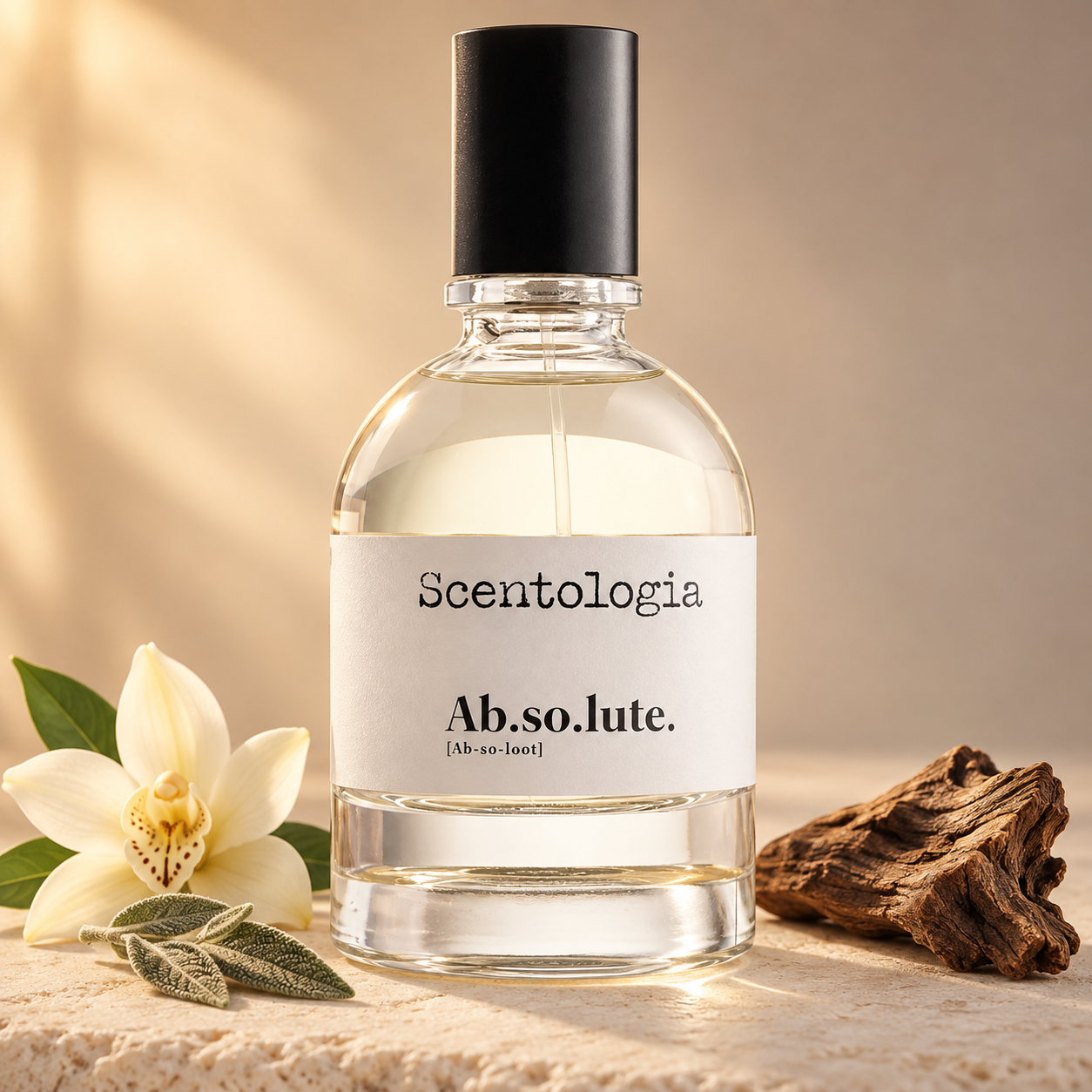 Scentologia Ab.so.lute. beside a creamy orchid, sage leaves, and textured wood on pale stone in warm lig