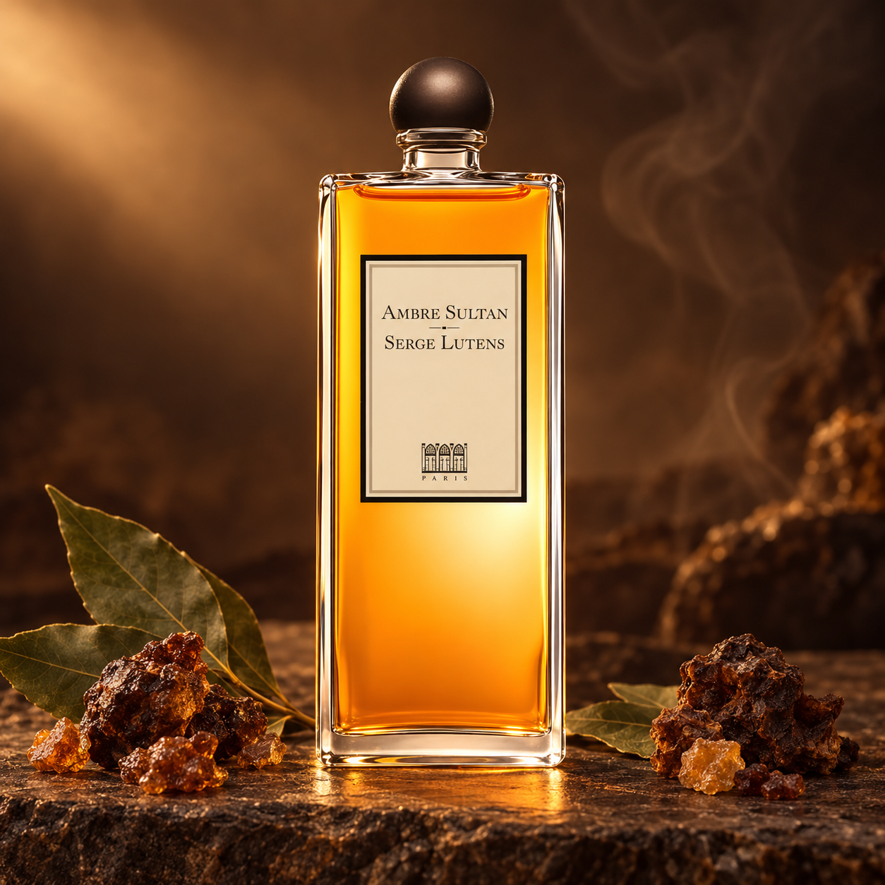 Serge Lutens Ambre Sultan bottle glowing in warm golden light, surrounded by bay leaves and resin on dark stone.