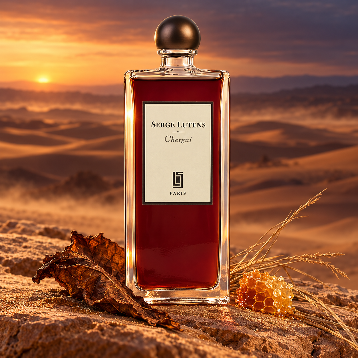 Serge Lutens Chergui on sandstone beside tobacco leaf, honeycomb, and dry hay, overlooking desert dunes at sunset.