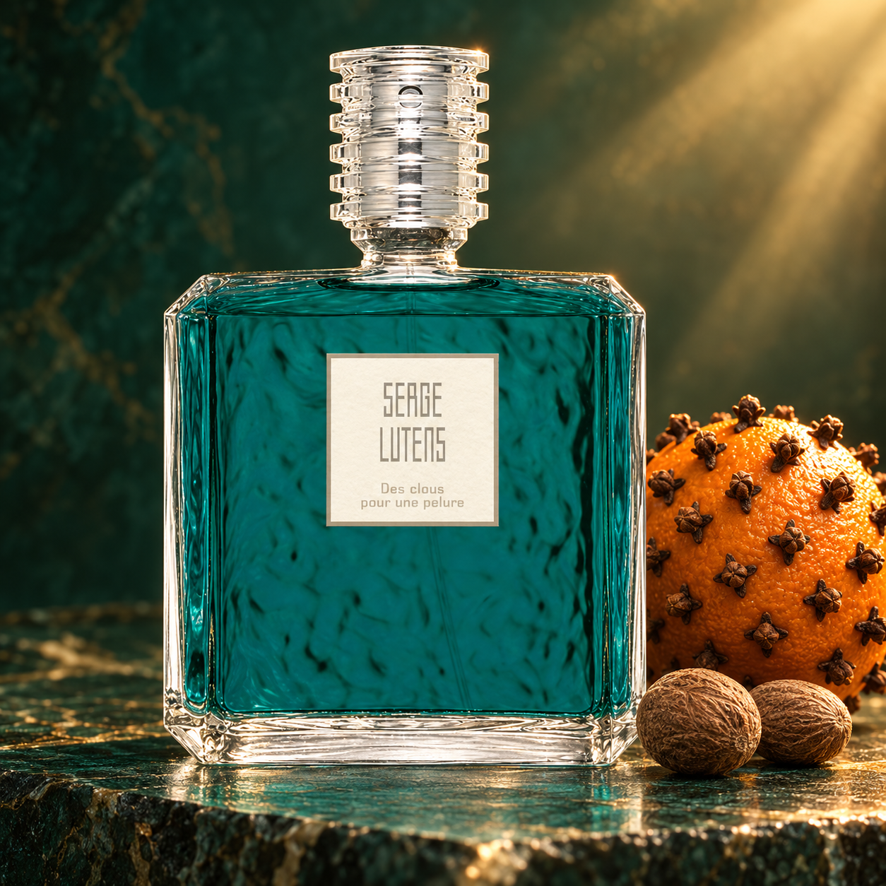 Serge Lutens Des Clous Pour Une Pelure bottle beside a clove-studded orange and nutmeg on emerald stone in golden light.