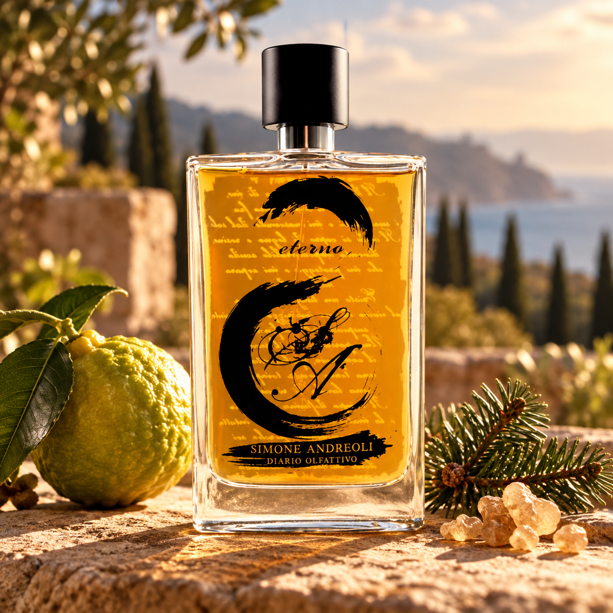 Simone Andreoli Eterno bottle with bergamot, fir and resin on a golden Mediterranean terrace.