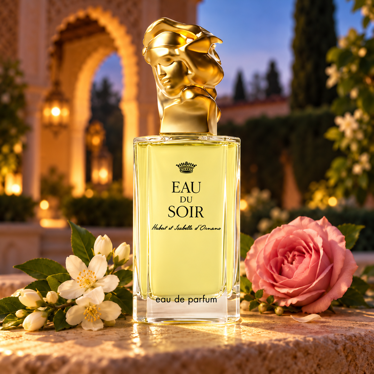 Sisley Eau du Soir bottle with its sculpted gold stopper beside white blossoms and a pink rose in a softly lit Seville-inspired garden at dusk.