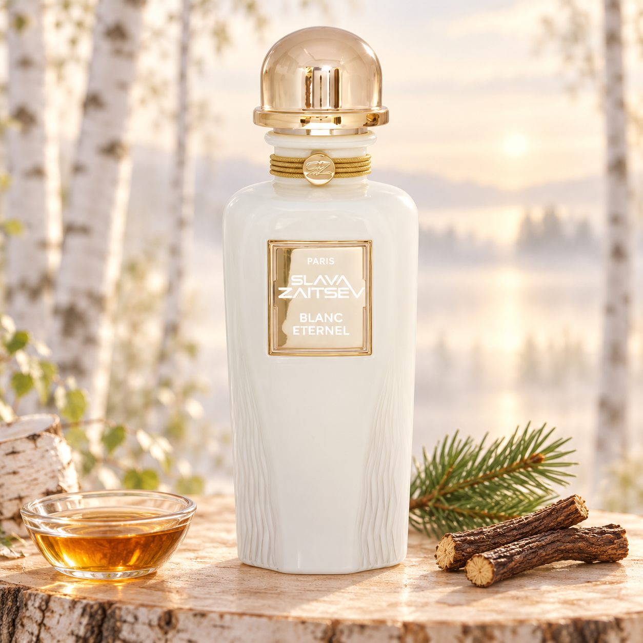 Slava Zaitsev Blanc Eternel on pale birch wood beside maple syrup, licorice roots, and pine, with a luminous misty woodland behind it.