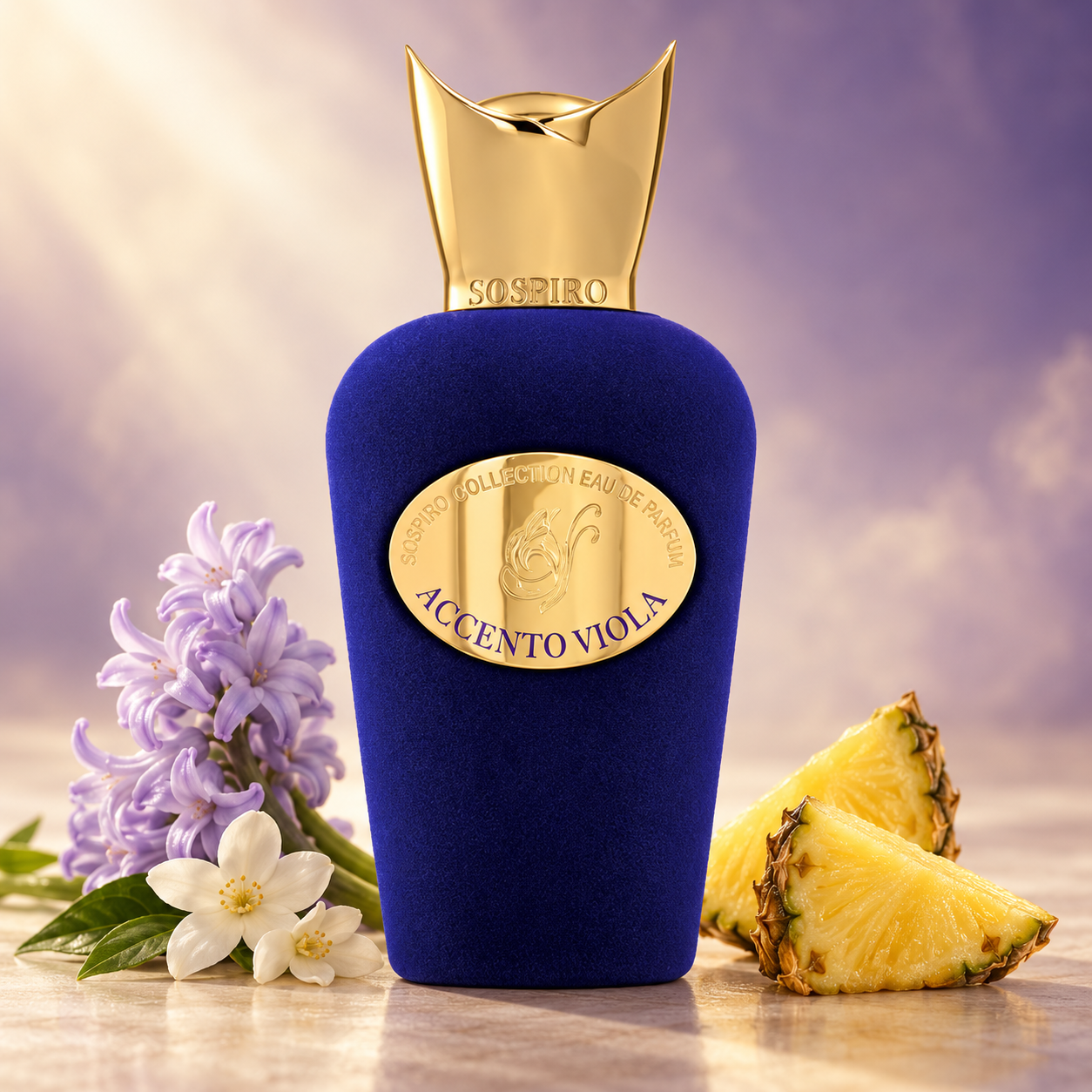 Sospiro Accento Viola velvet bottle beside pineapple wedges, lavender hyacinth, and white jasmine against a softly lit violet and ivory background.