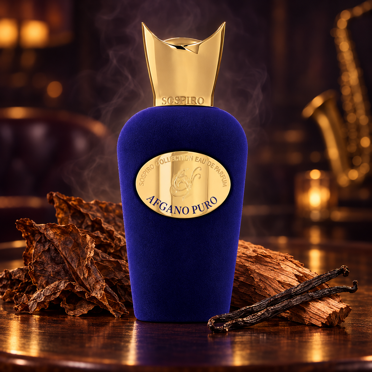 Sospiro Afgano Puro beside tobacco leaves, cedarwood, and vanilla pods in a dim jazz lounge with warm light and a blurred saxophone.