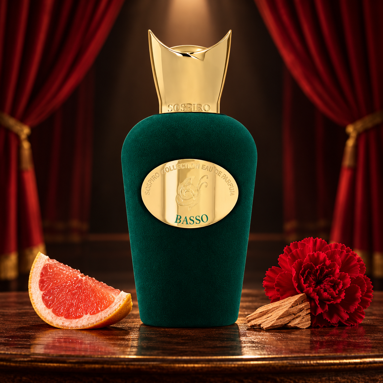 Sospiro Basso’s green velvet bottle beside grapefruit, red carnation, and sandalwood on a wooden stage framed by red curtains.