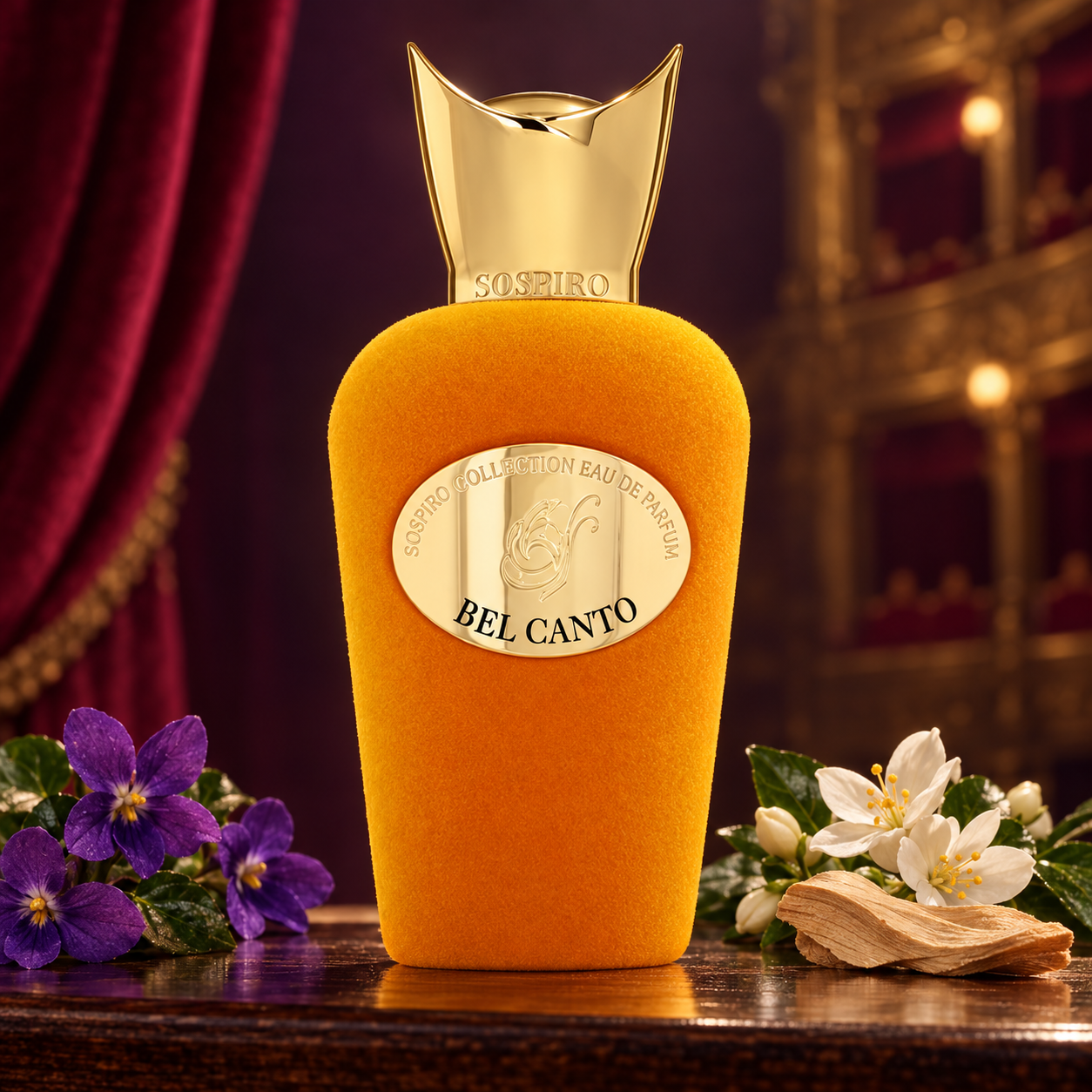Sospiro Bel Canto beside violets, jasmine, and sandalwood, with burgundy opera curtains and softly lit gold balconies behind it.