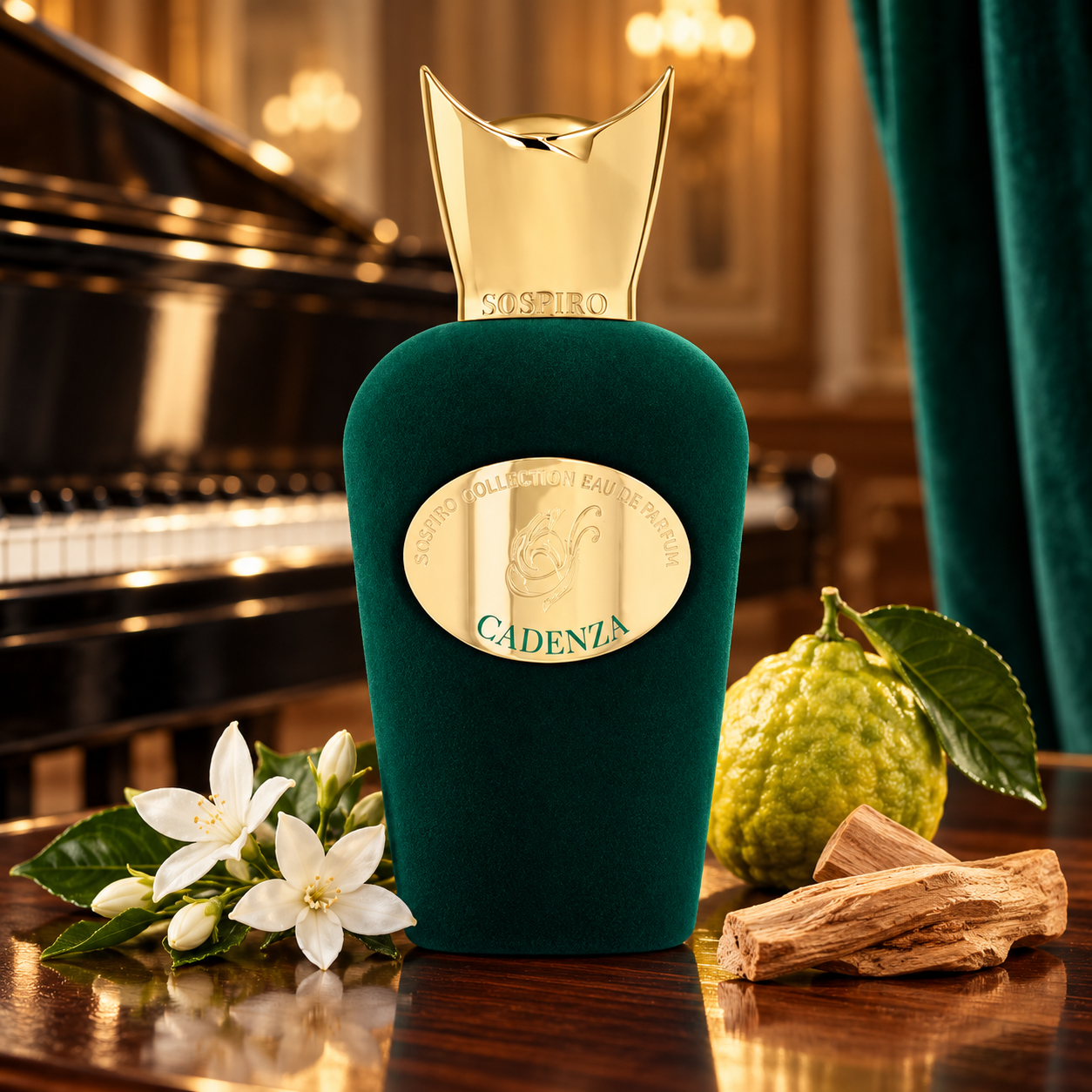 Sospiro Cadenza with jasmine, bergamot, and sandalwood beside a grand piano and emerald curtain.