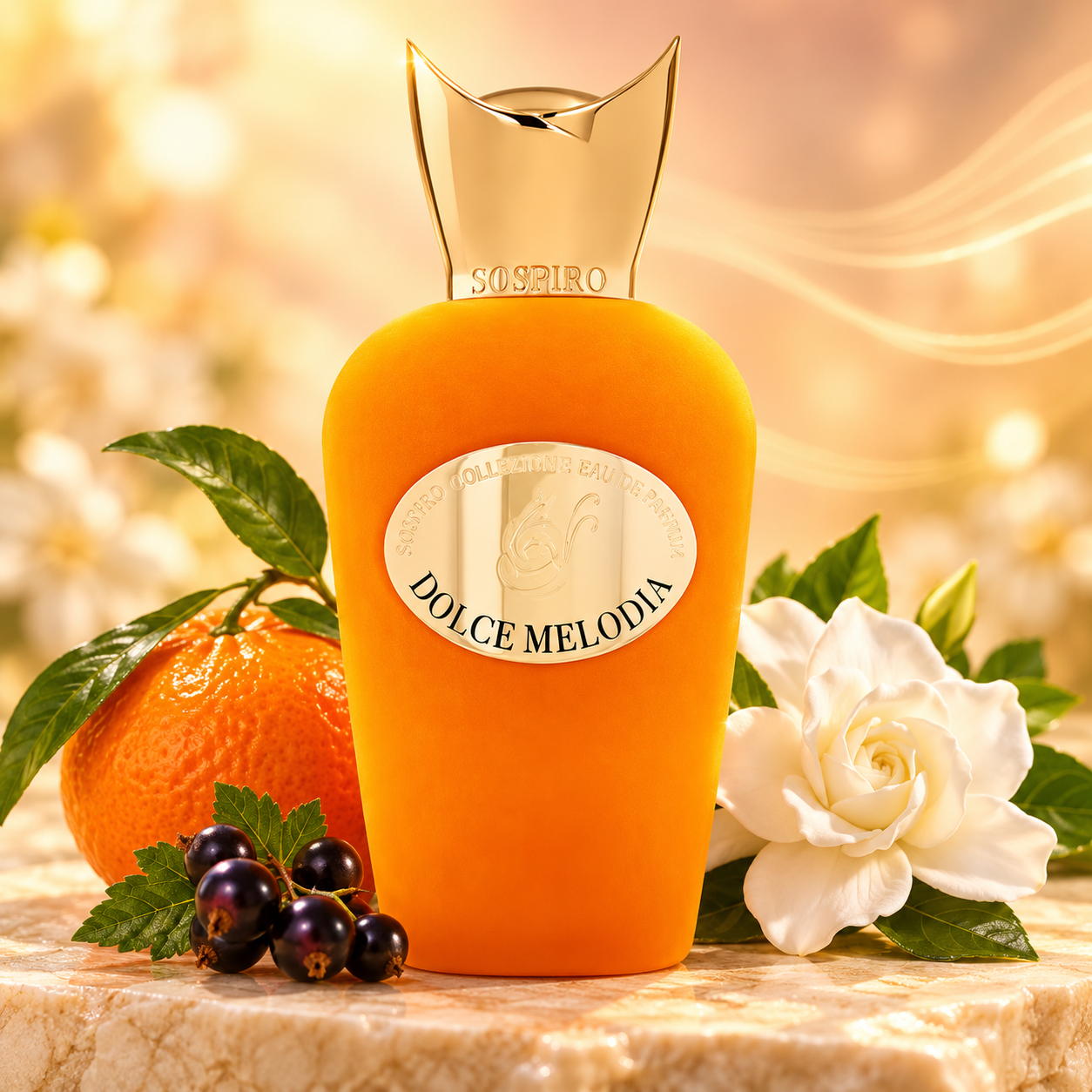 Sospiro Dolce Melodia orange bottle with a whole mandarin, gardenia and blackcurrants on cream stone in golden light.