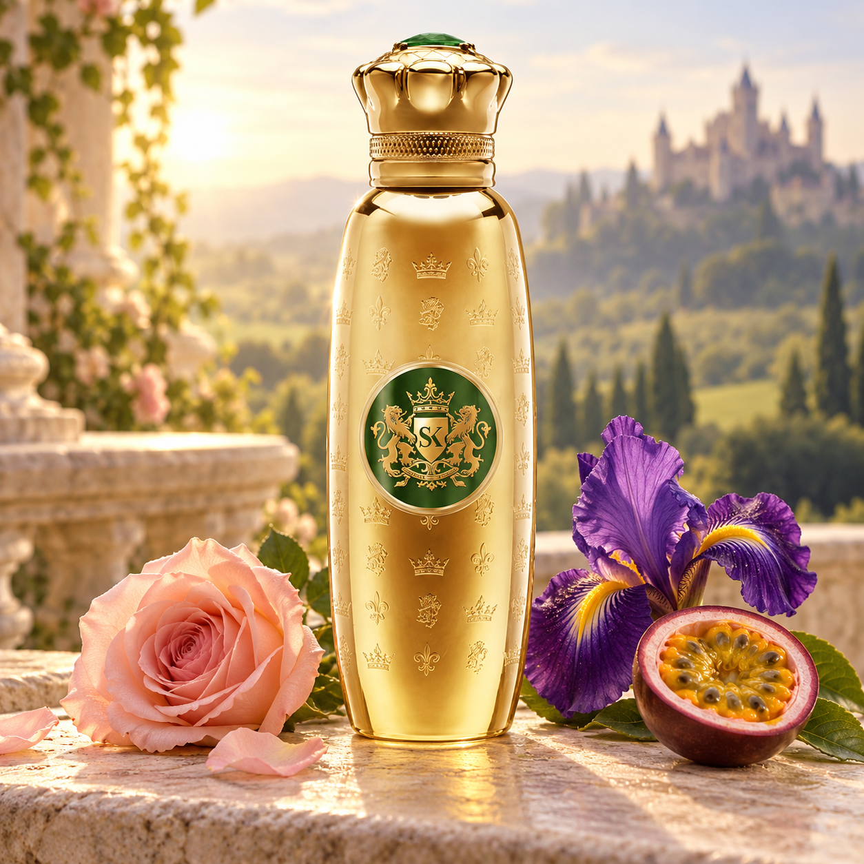 Spirit of Kings Errai bottle with rose, iris and passionfruit on a sunlit stone terrace overlooking green fields and a distant castle.