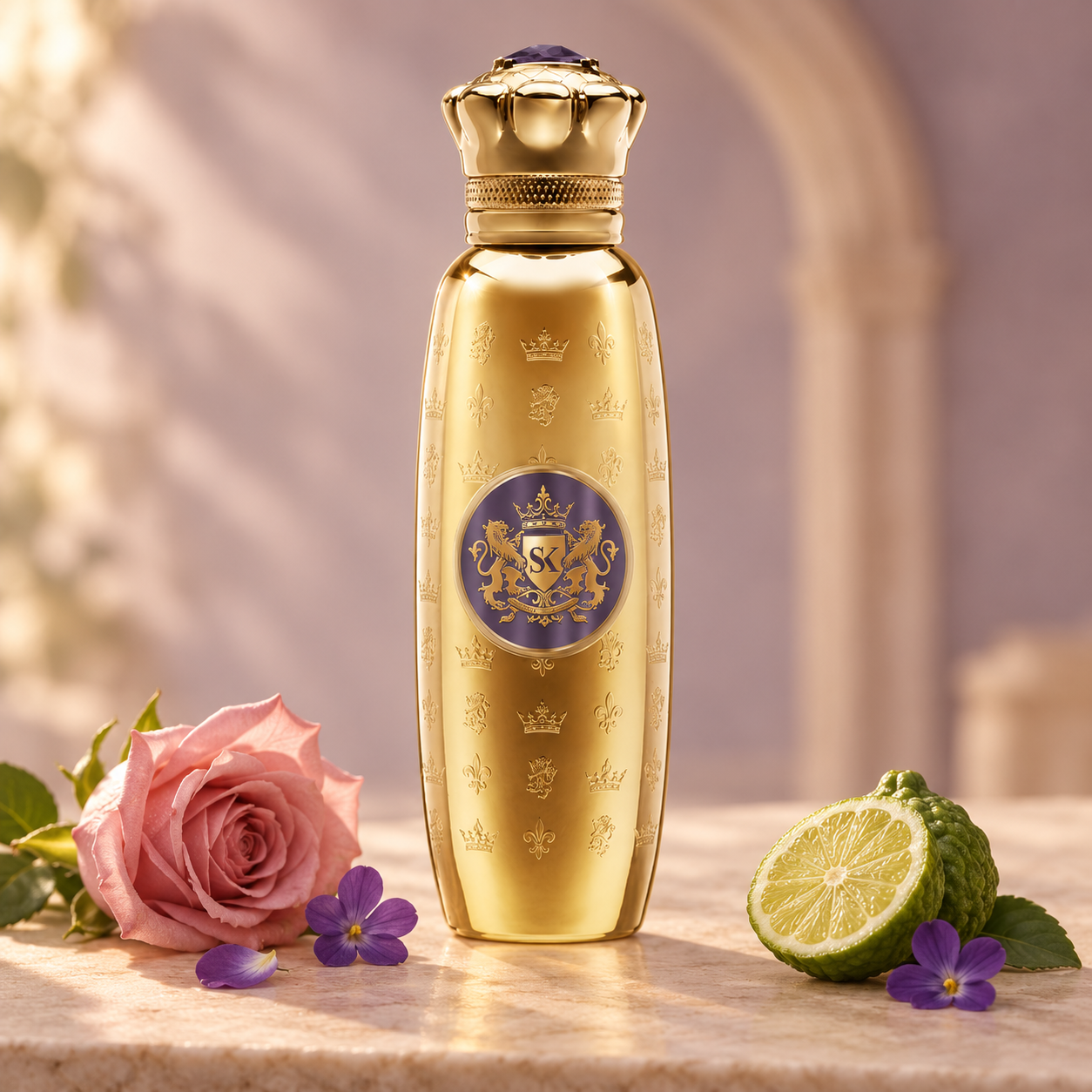 Spirit Of Kings Acamar gold bottle beside a pink rose, violet flowers, and bergamot on warm stone against a softly lit mauve background.