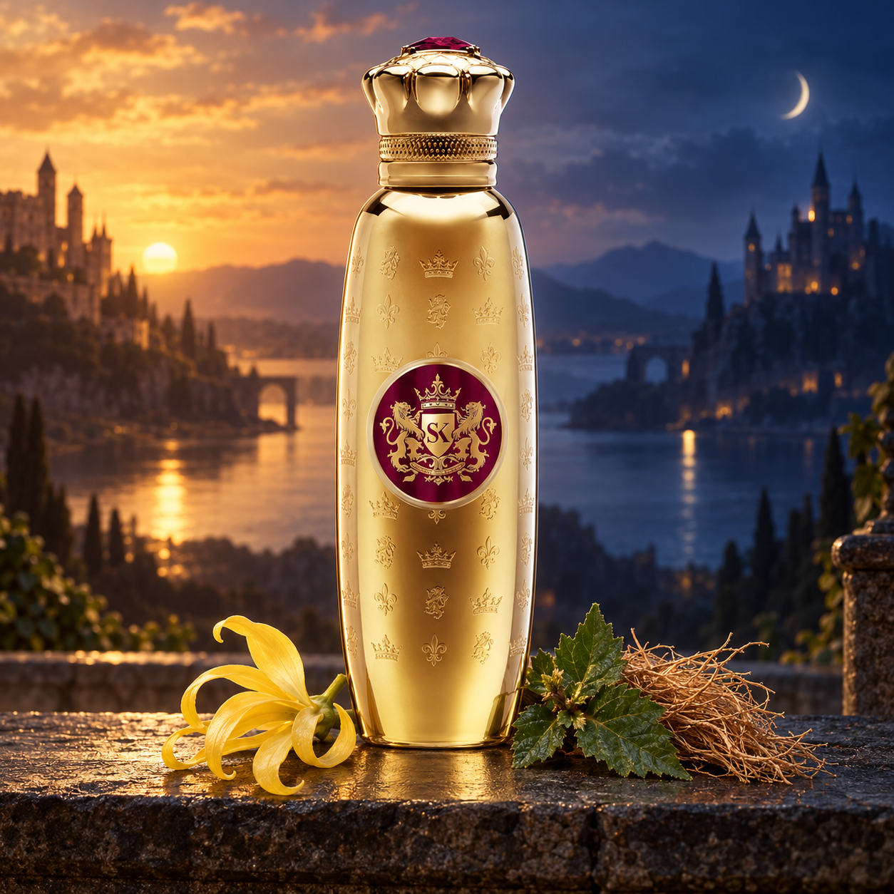 Spirit of Kings Altair’s golden bottle stands beside ylang-ylang, patchouli leaves, and vetiver roots, overlooking a river between sunset and moonlit castles.