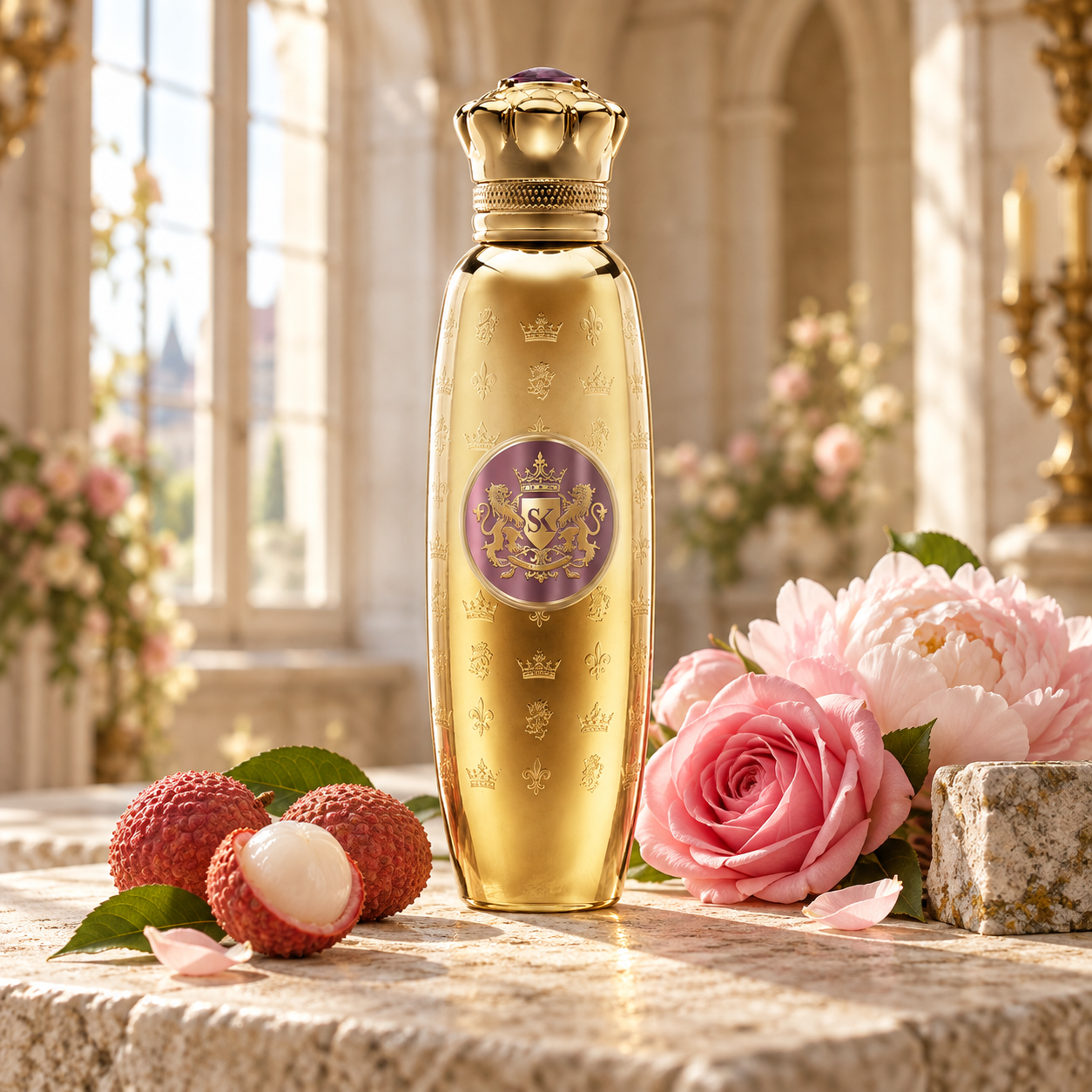 Golden Aludra bottle with lychees, pink rose, peony, and a weathered stone in a sunlit castle hall.