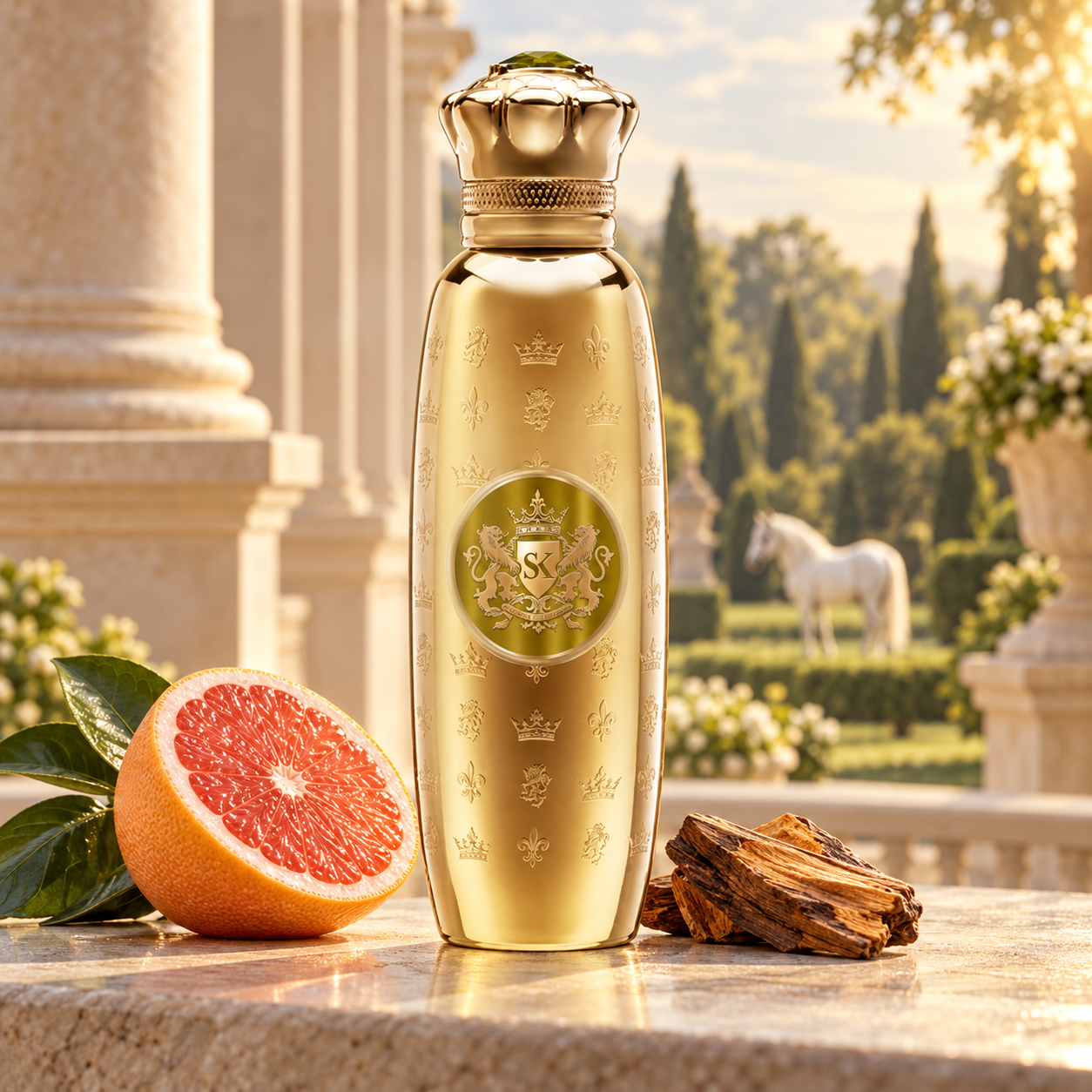 Spirit of Kings Arrakis on a sunlit stone terrace beside pink grapefruit and wood, with palace columns and a white horse in the garden behind it.