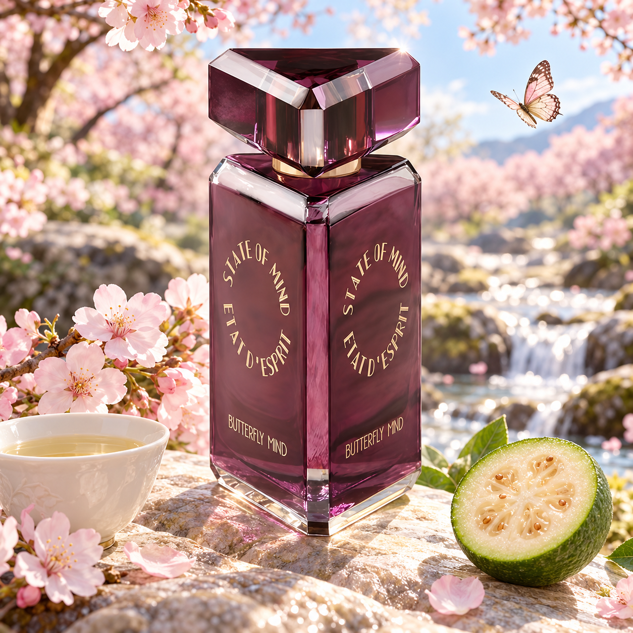State of Mind Butterfly Mind beside cherry blossoms, white tea, and cut feijoa, with a butterfly above a sunlit stream.
