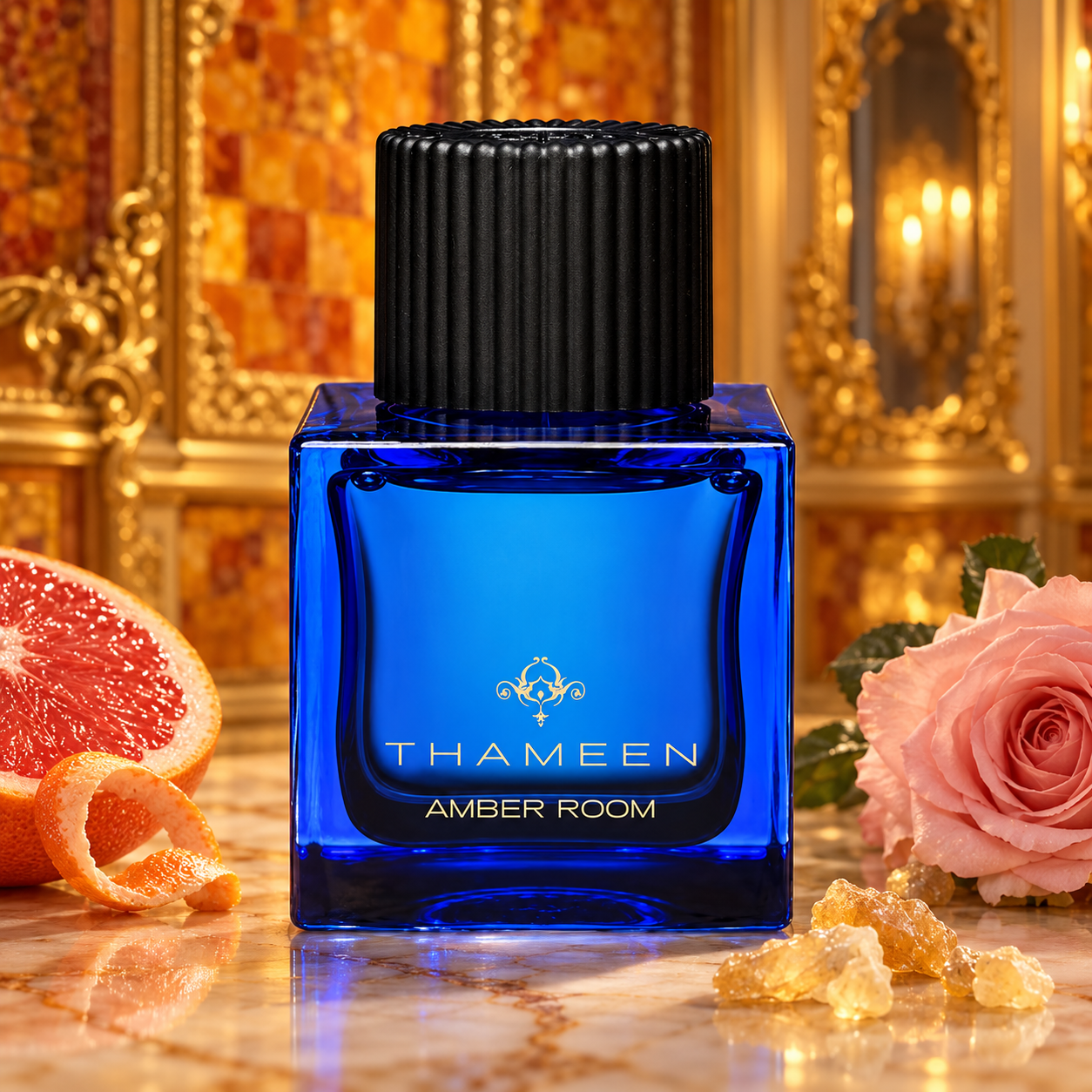 Cobalt blue Thameen Amber Room bottle beside grapefruit, a pink rose, and frankincense resin, with glowing amber panels and gold-framed mirrors behind it.