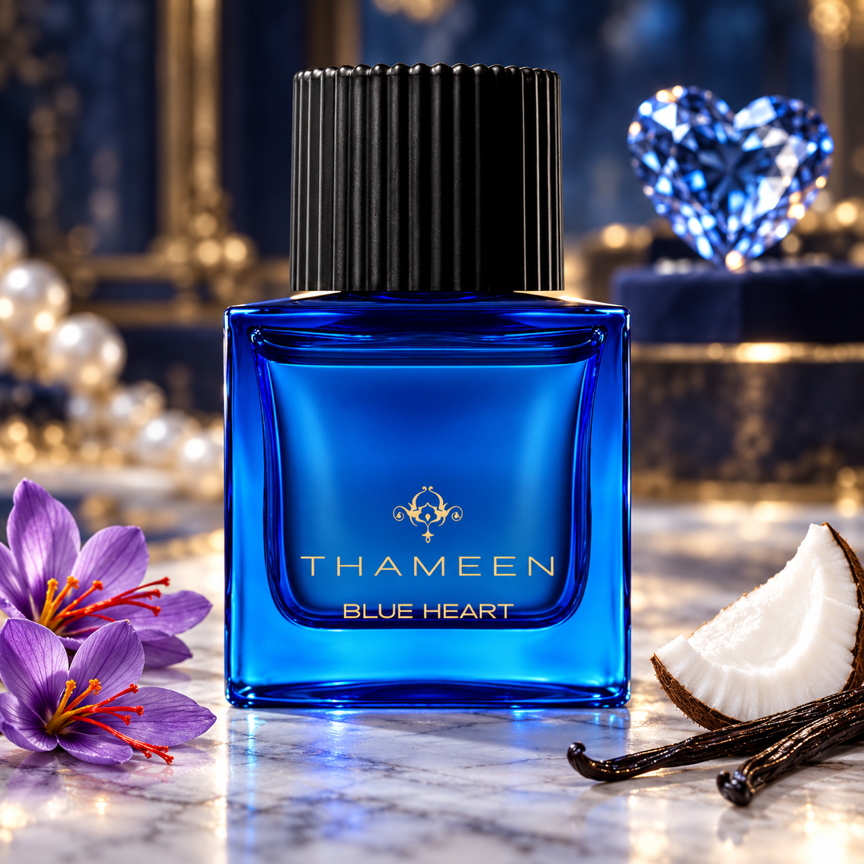 Thameen Blue Heart on pale marble beside saffron crocuses, coconut, and vanilla pods, with a blue heart-shaped gemstone sparkling behind it.