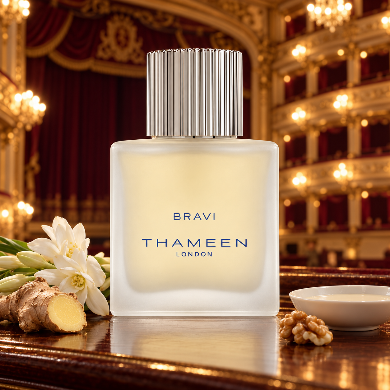 Thameen Bravi beside tuberose, ginger, and walnut milk, overlooking a warmly lit opera auditorium with burgundy curtains and gilded balconies.