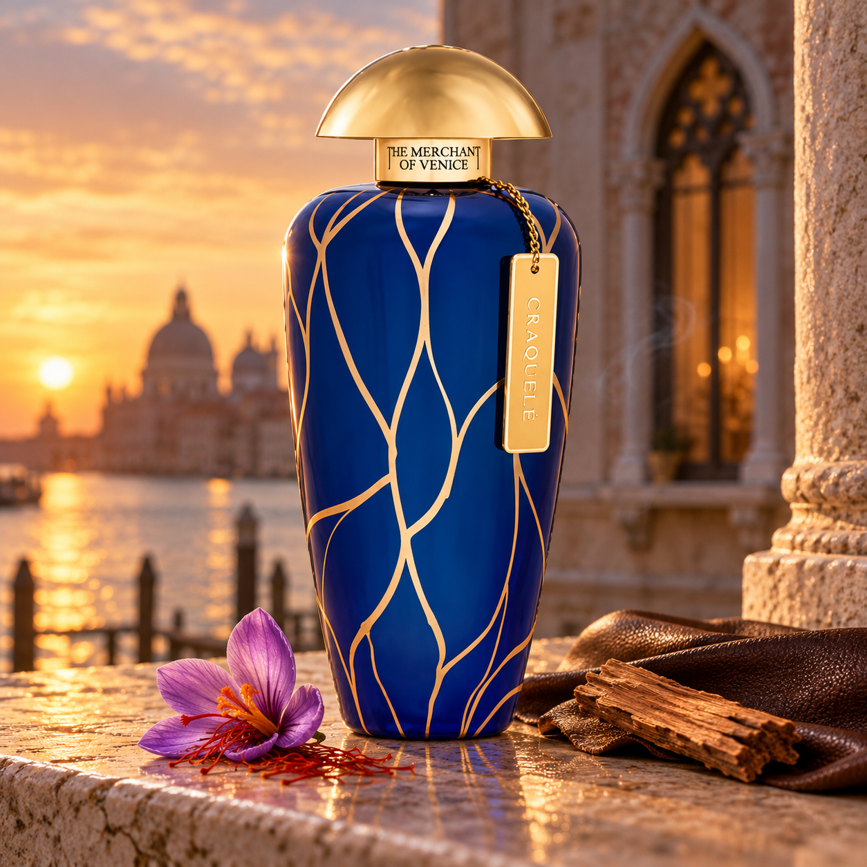The Merchant of Venice Craquelé perfume with a saffron crocus, cedarwood, and brown leather overlooking a Venetian canal at sunset.