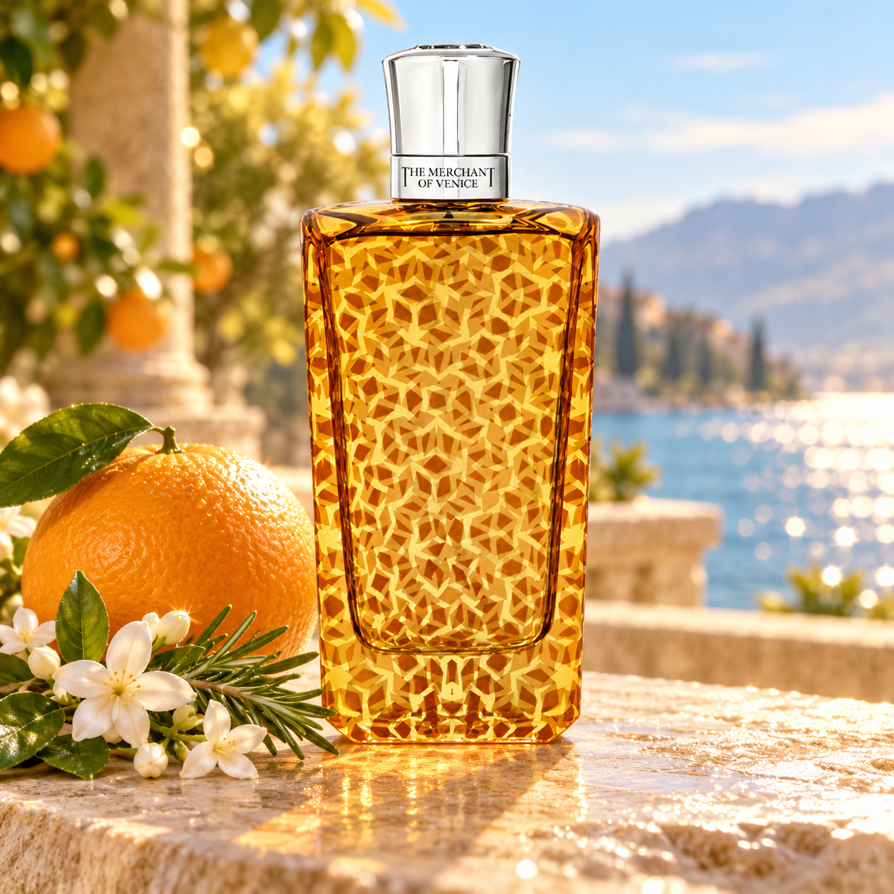 The Merchant of Venice Esperidi Water bottle with orange, rosemary and jasmine on sunlit stone beside a blue waterfront.