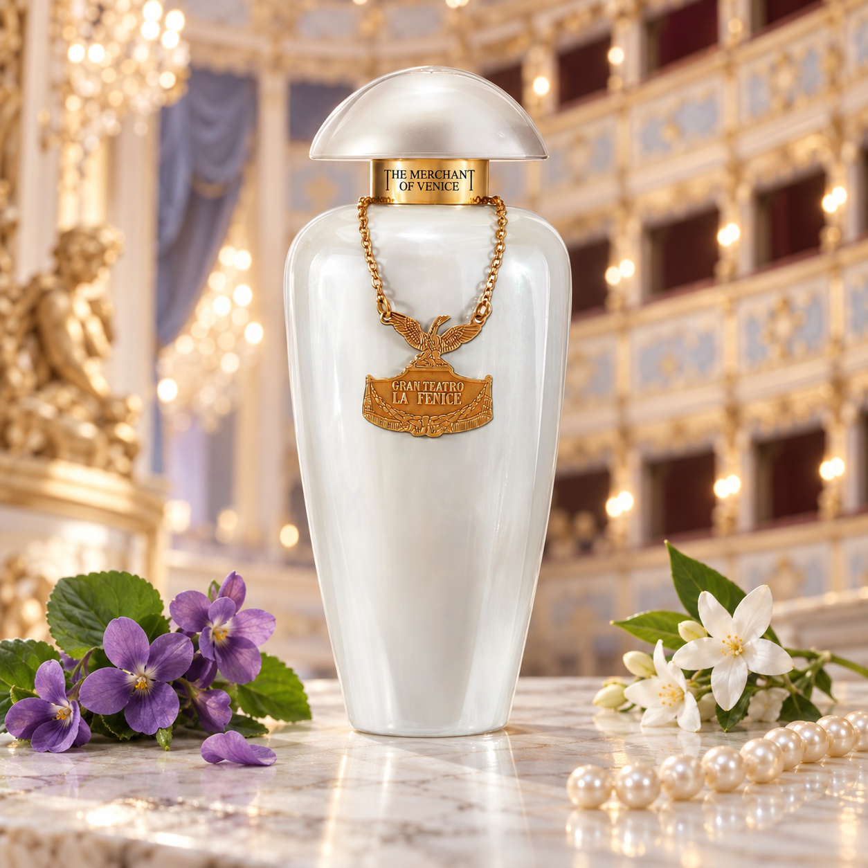 The Merchant of Venice My Pearls bottle on ivory marble with violets, white flowers and pearls against a softly lit Venetian opera-house backdrop.
