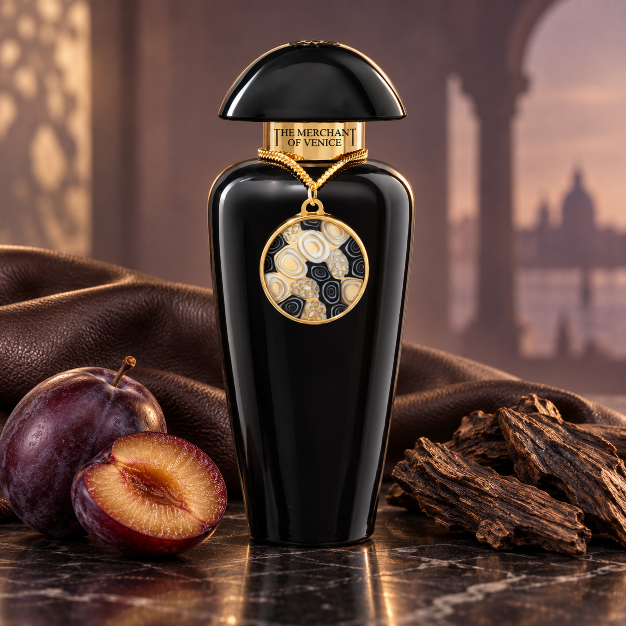 The Merchant of Venice Pastel Oud black bottle with an ivory-and-black pendant, arranged with plum, brown leather, and oud wood against a softly lit mauve backdrop.