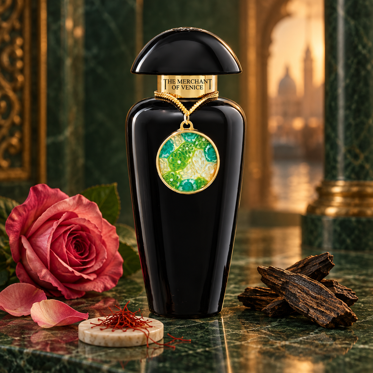 The Merchant of Venice Pearl Bouquet black bottle with a green-and-gold pendant, surrounded by a pink rose, saffron threads, and oud wood on green marble in warm golden light.
