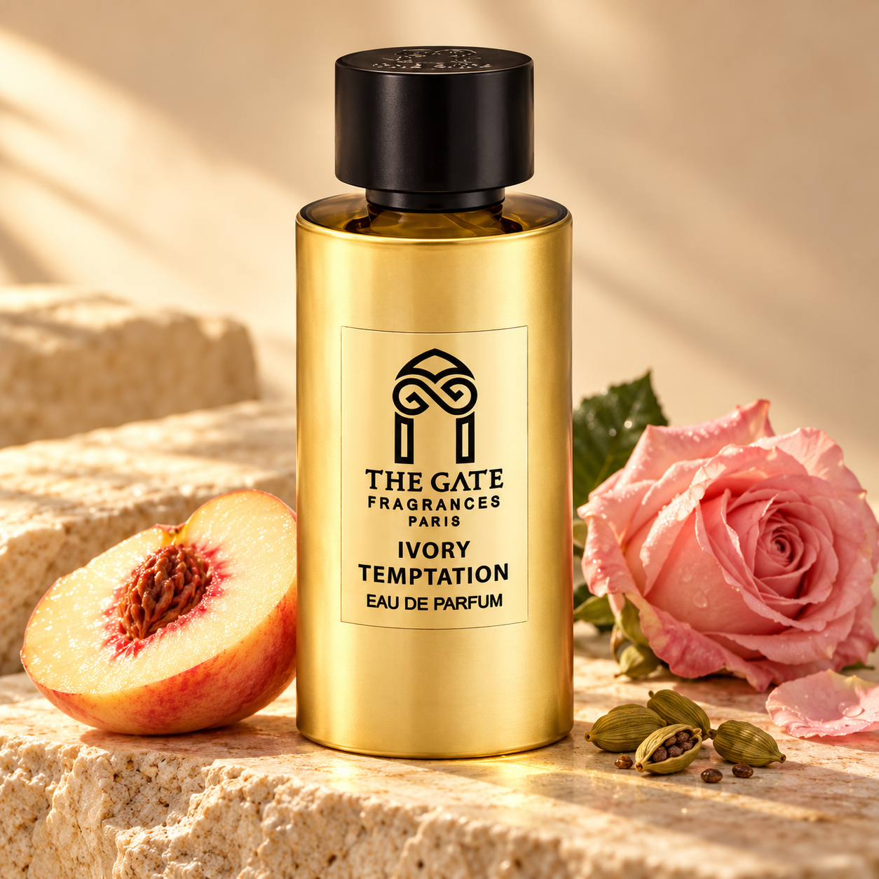 The Gate Ivory Temptation on ivory stone with a peach half, pink rose and cardamom in warm golden light.