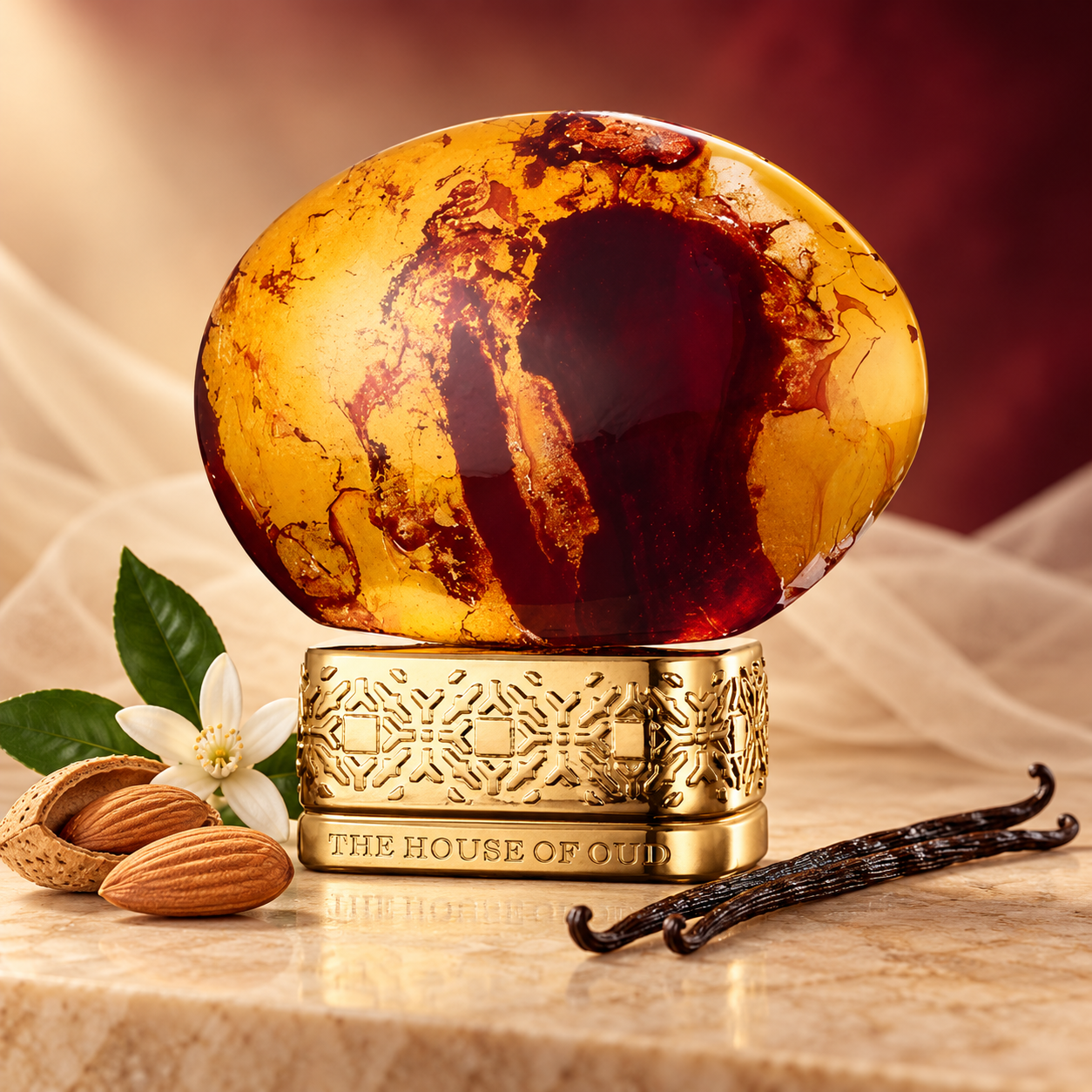 The House of Oud Almond Harmony’s amber and burgundy oval bottle rests on an ornate gold base beside almonds, orange blossom, and vanilla pods in soft warm light.