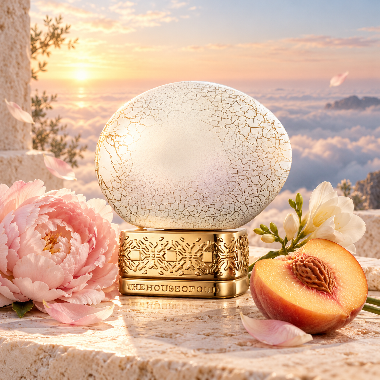 The House of Oud Breath of the Infinite beside peony, freesia, and a peach half on a pale stone terrace above clouds at sunrise.