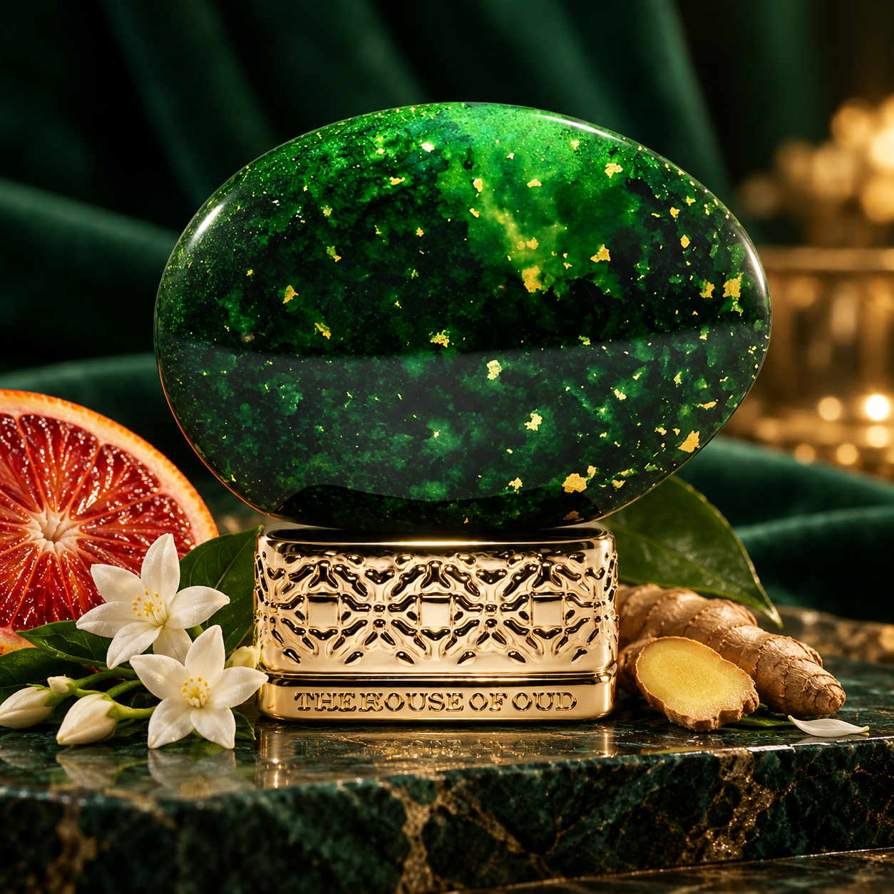The House of Oud Emerald Green perfume with blood orange, jasmine and ginger on green stone against emerald fabric.