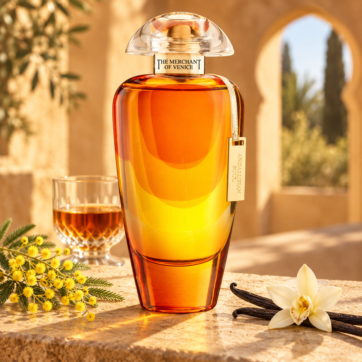 The Merchant of Venice Andalusian Soul on sunlit sandstone beside acacia blossoms, amber rum, and vanilla pods with a cream orchid, against a warm courtyard arch.