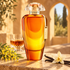 The Merchant of Venice Andalusian Soul on sunlit sandstone beside acacia blossoms, amber rum, and vanilla pods with a cream orchid, against a warm courtyard arch.