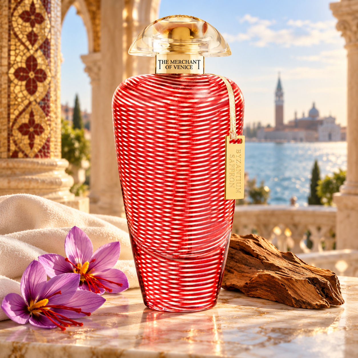 The Merchant of Venice Byzantium Saffron with purple saffron crocuses, white suede, and cedarwood on a sunlit Venetian terrace.
