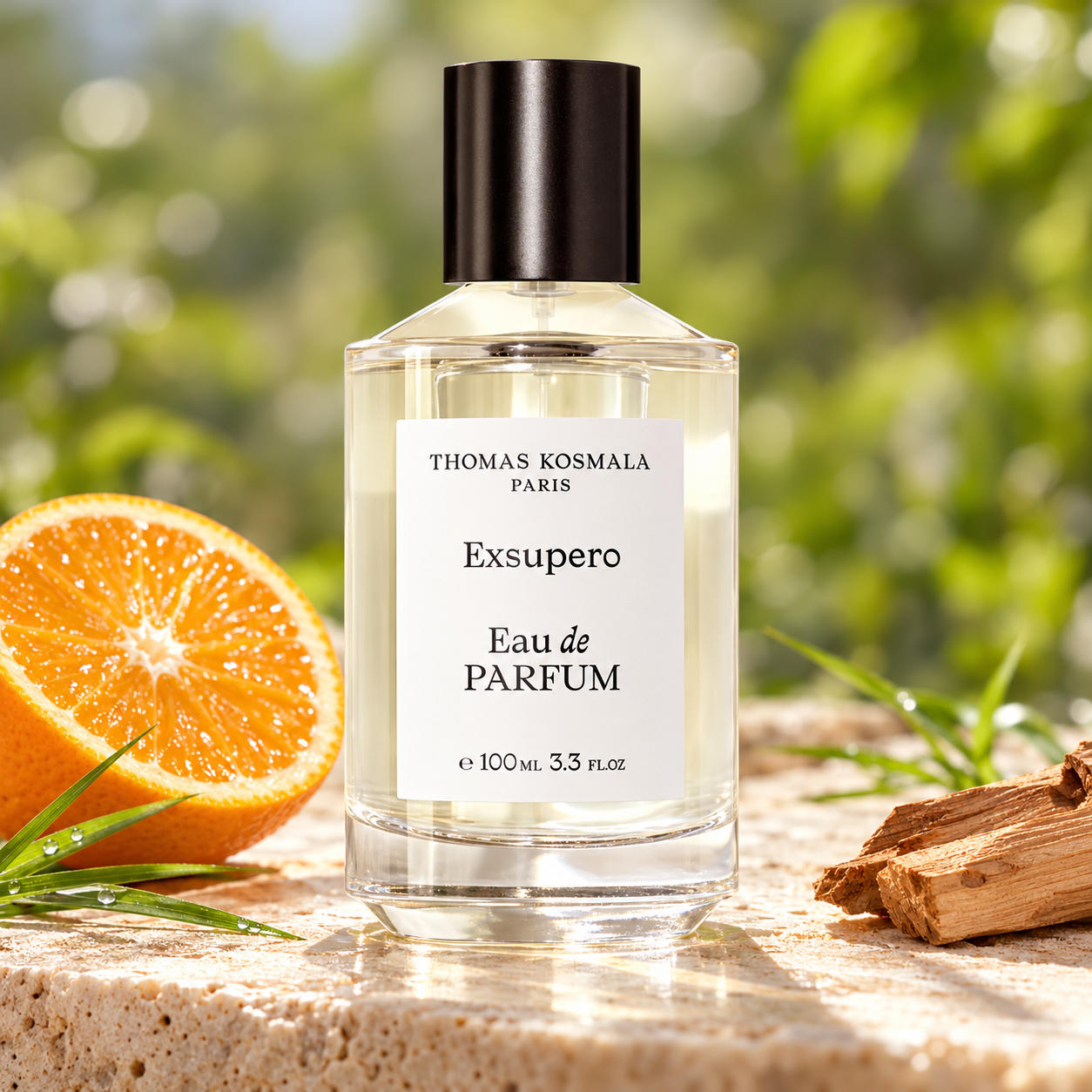 Thomas Kosmala Exsupero bottle with an orange half, fresh grass and sandalwood on sunlit stone.